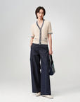 EP YAYING Elegant Linen Contrast V-Neck Cardigan