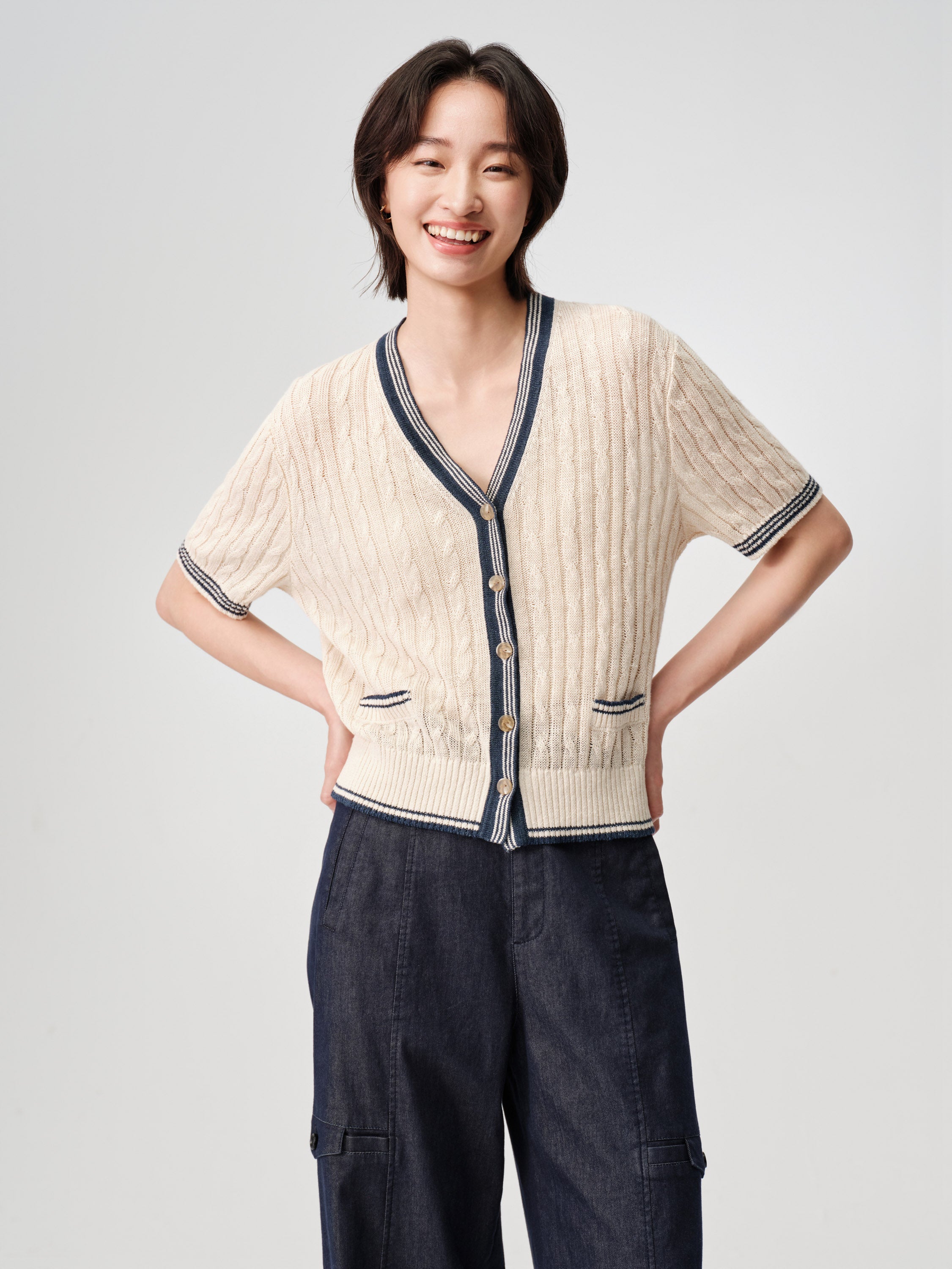 EP YAYING Elegant Linen Contrast V-Neck Cardigan