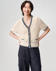 EP YAYING Elegant Linen Contrast V-Neck Cardigan