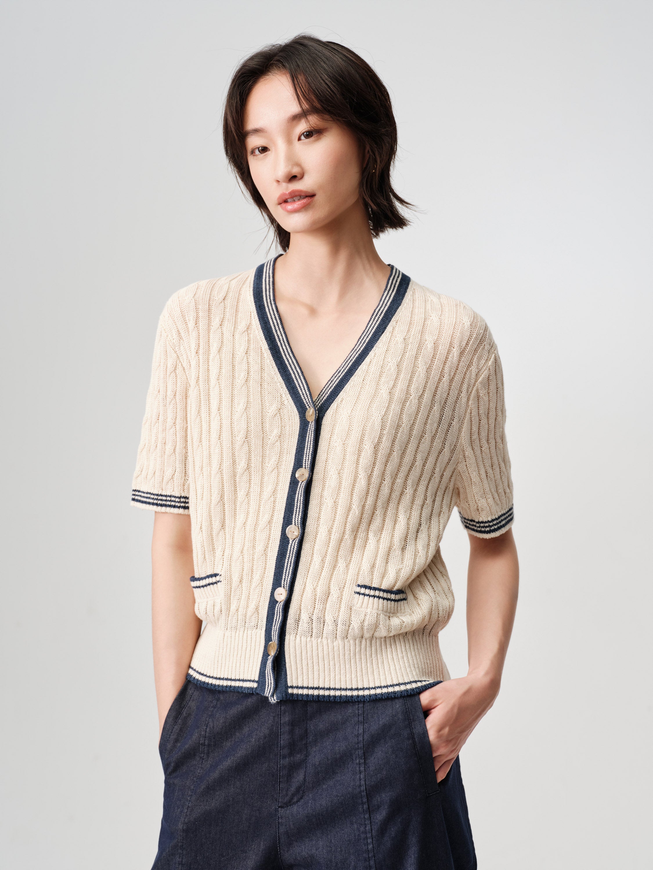 EP YAYING Elegant Linen Contrast V-Neck Cardigan