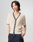 EP YAYING Elegant Linen Contrast V-Neck Cardigan