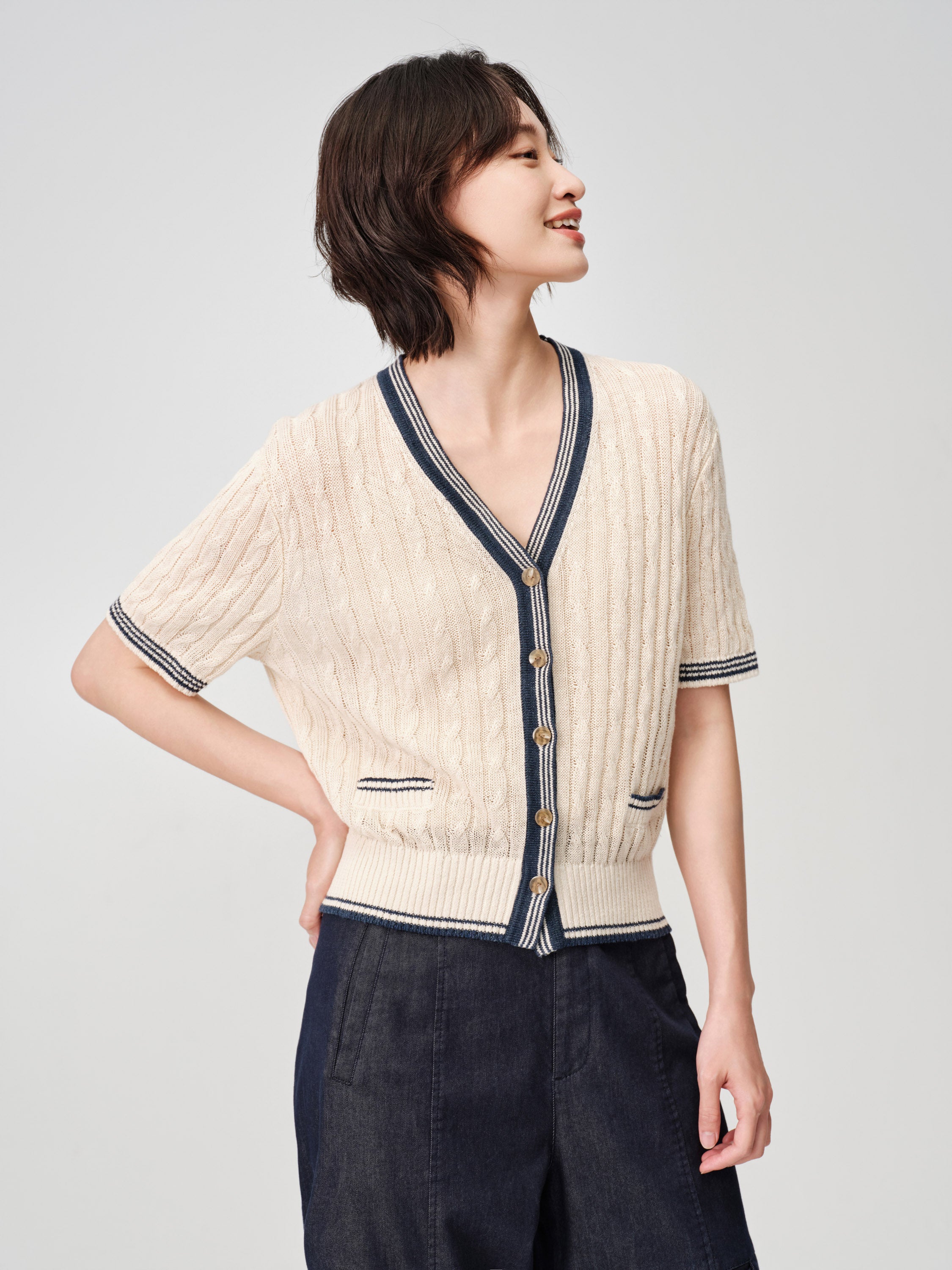 EP YAYING Elegant Linen Contrast V-Neck Cardigan
