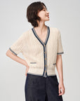EP YAYING Elegant Linen Contrast V-Neck Cardigan