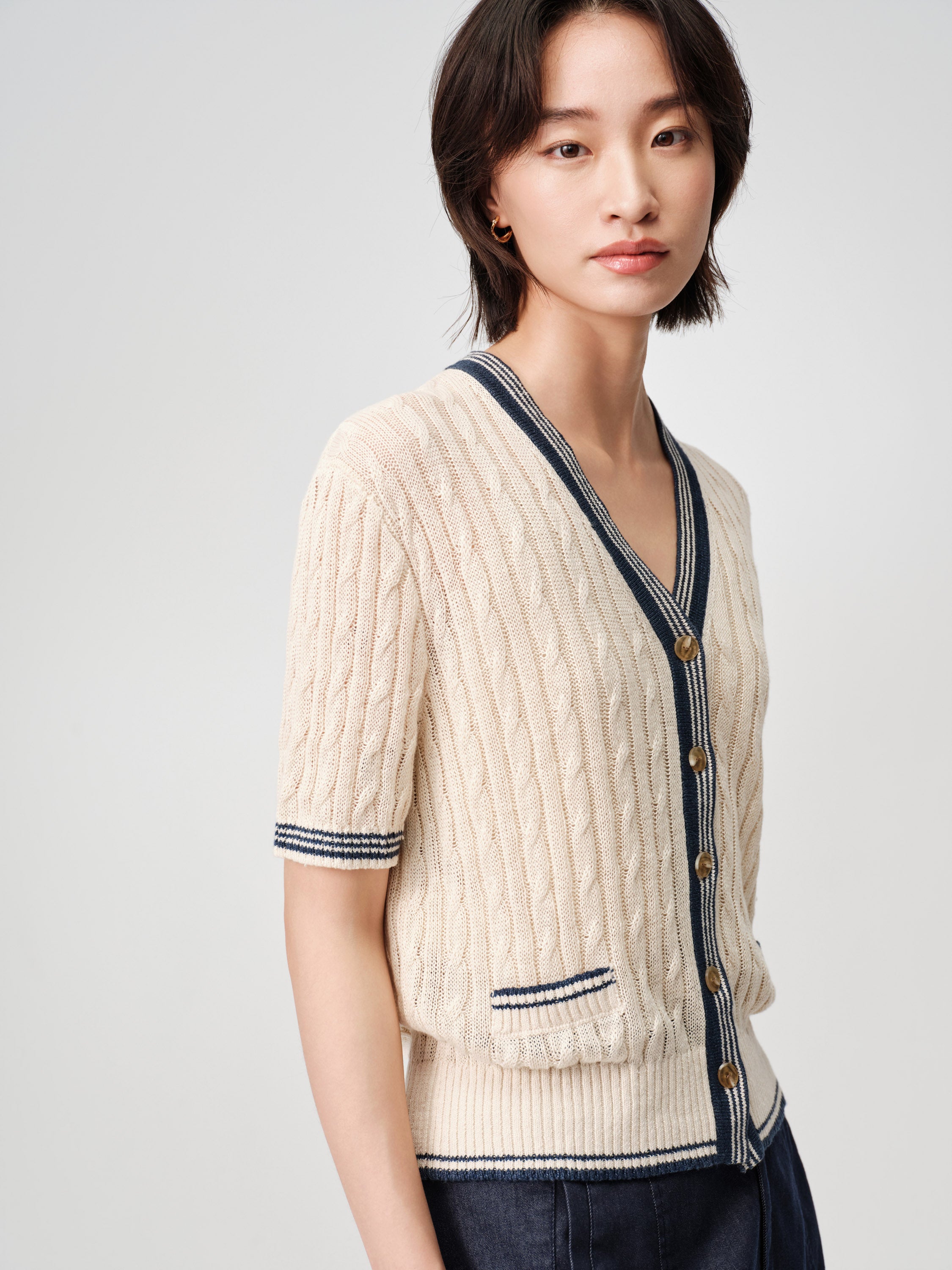 EP YAYING Elegant Linen Contrast V-Neck Cardigan