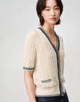 EP YAYING Elegant Linen Contrast V-Neck Cardigan