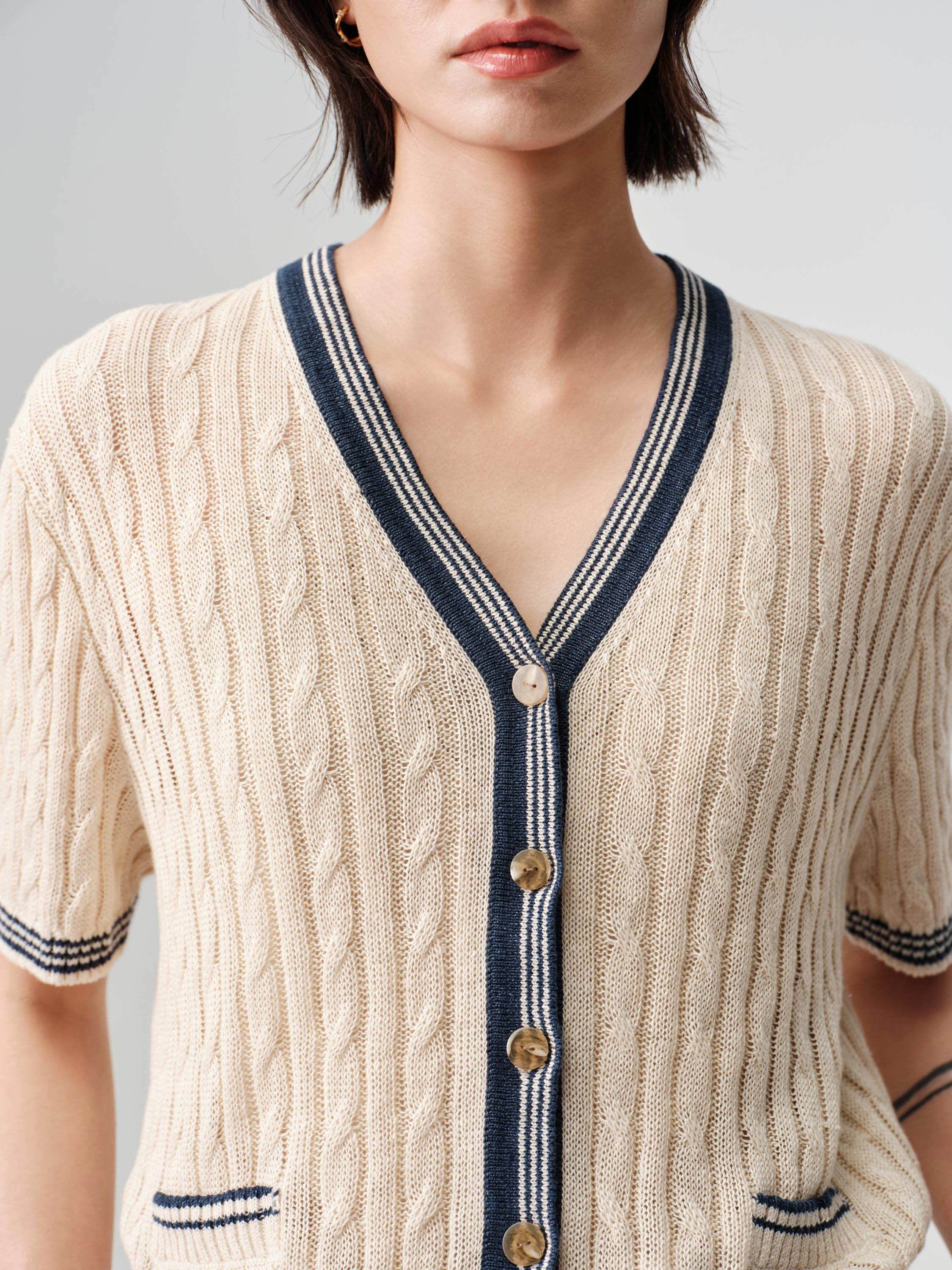 EP YAYING Elegant Linen Contrast V-Neck Cardigan