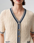 EP YAYING Elegant Linen Contrast V-Neck Cardigan