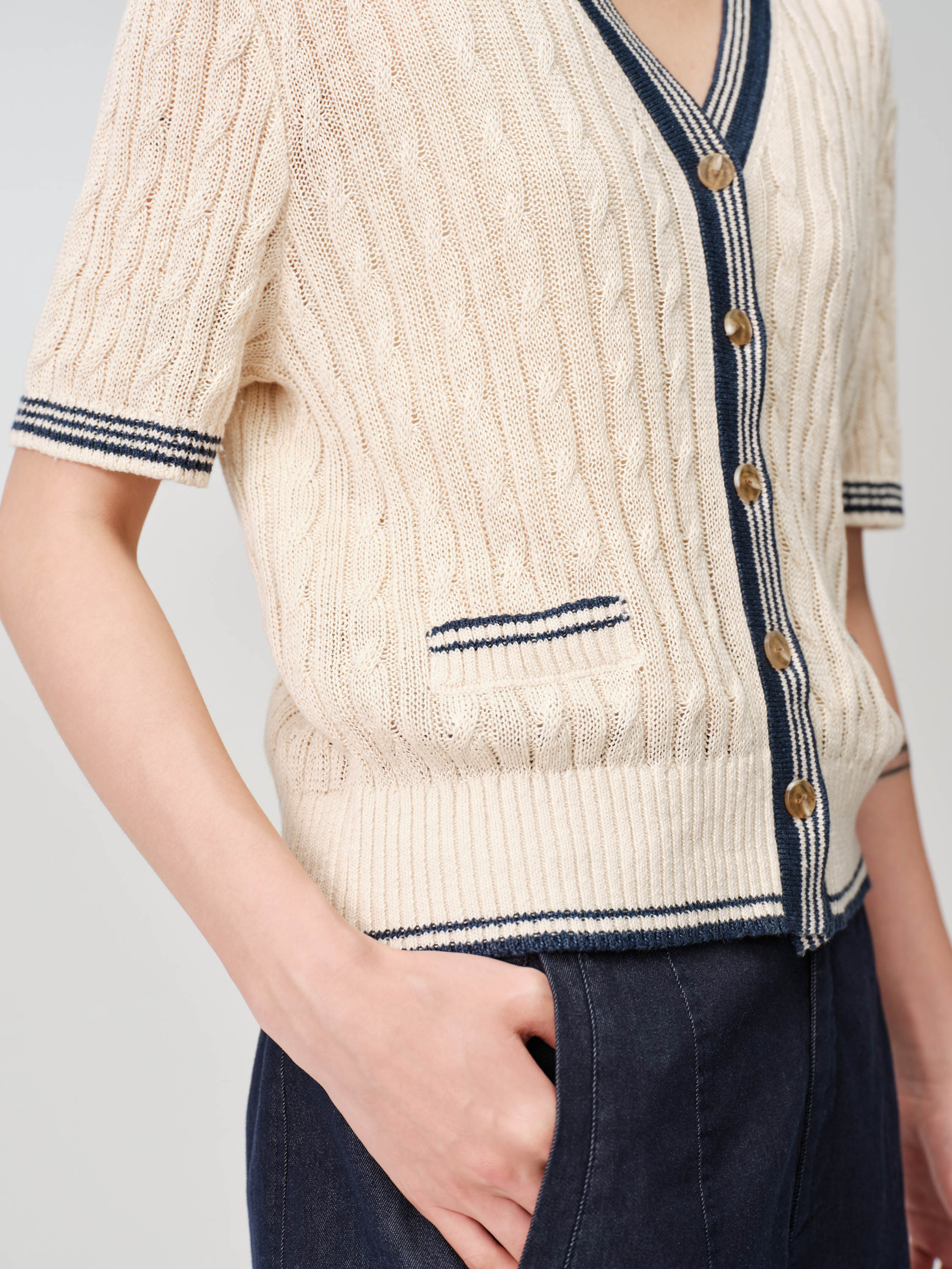 EP YAYING Elegant Linen Contrast V-Neck Cardigan