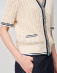 EP YAYING Elegant Linen Contrast V-Neck Cardigan