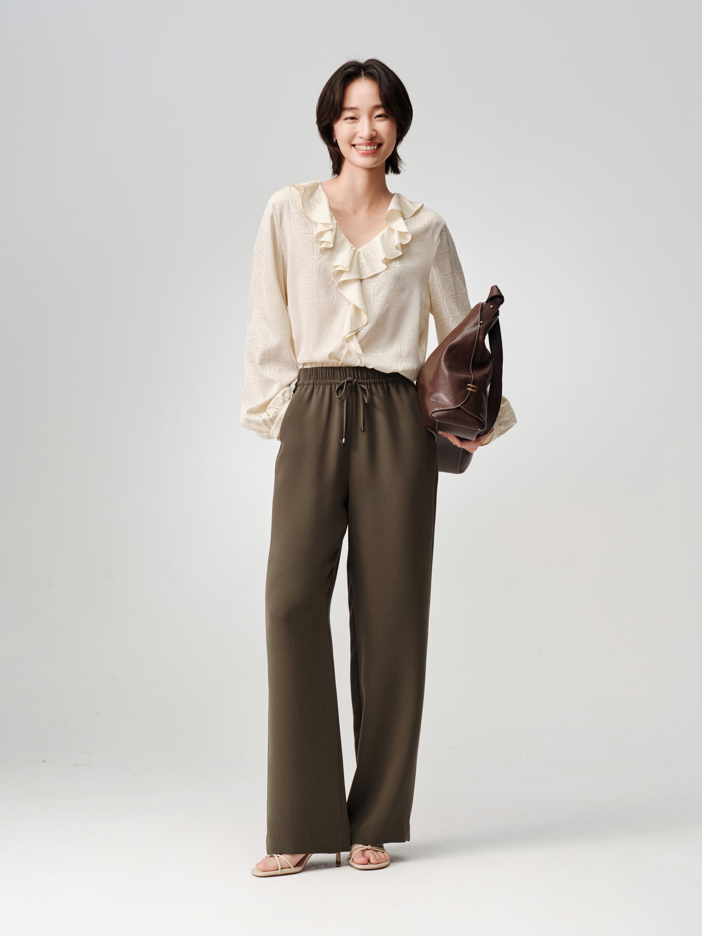 Triacetate High-Waist Straight-Leg Casual Pants