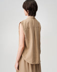 Sandy Mocha Cool Sleeveless Silk Embroidered Collar Sleeveless Top