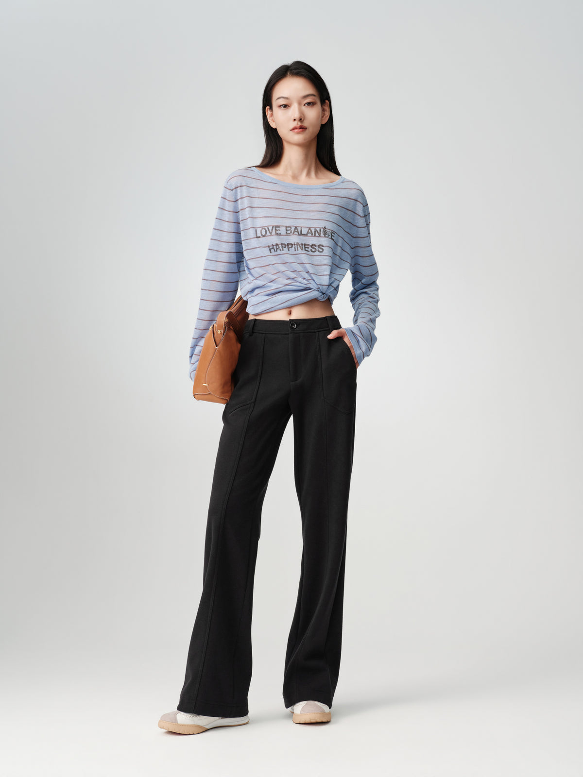 EP YAYING High-Waist Slim Wool-Cotton Brushed Black Pants