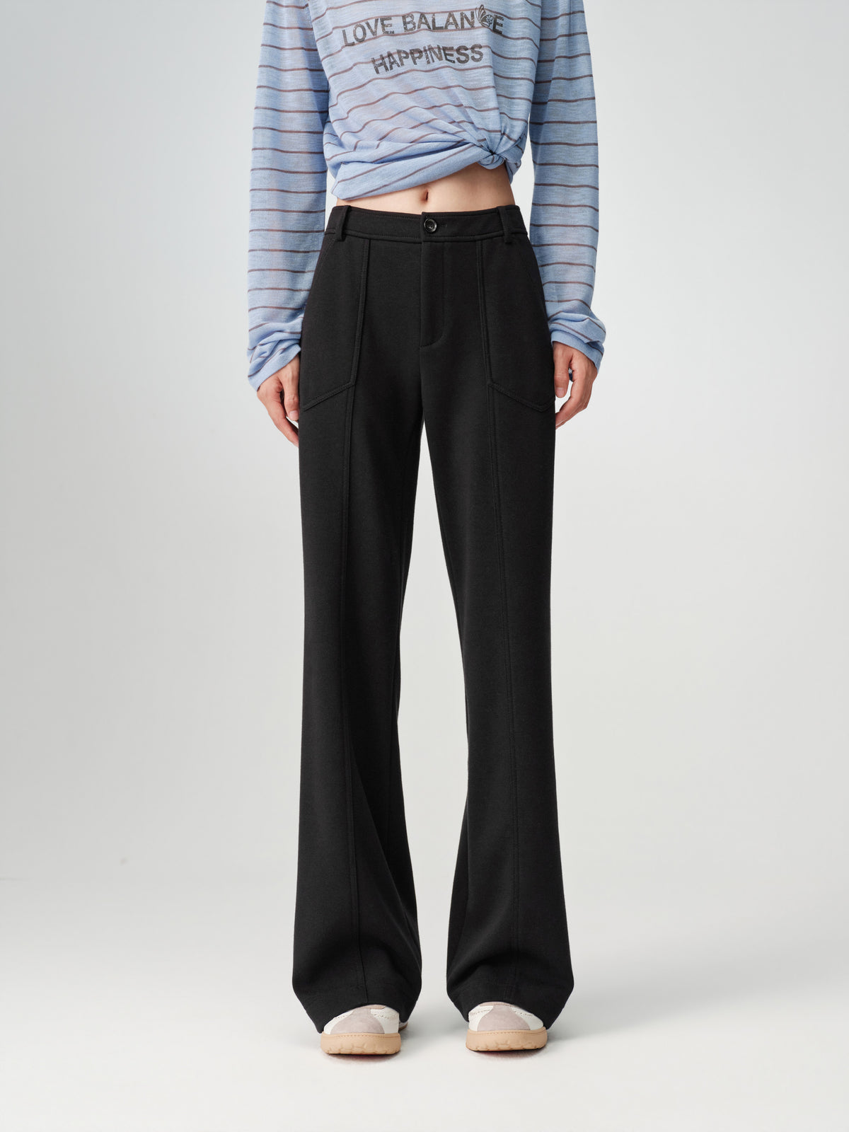 EP YAYING High-Waist Slim Wool-Cotton Brushed Black Pants