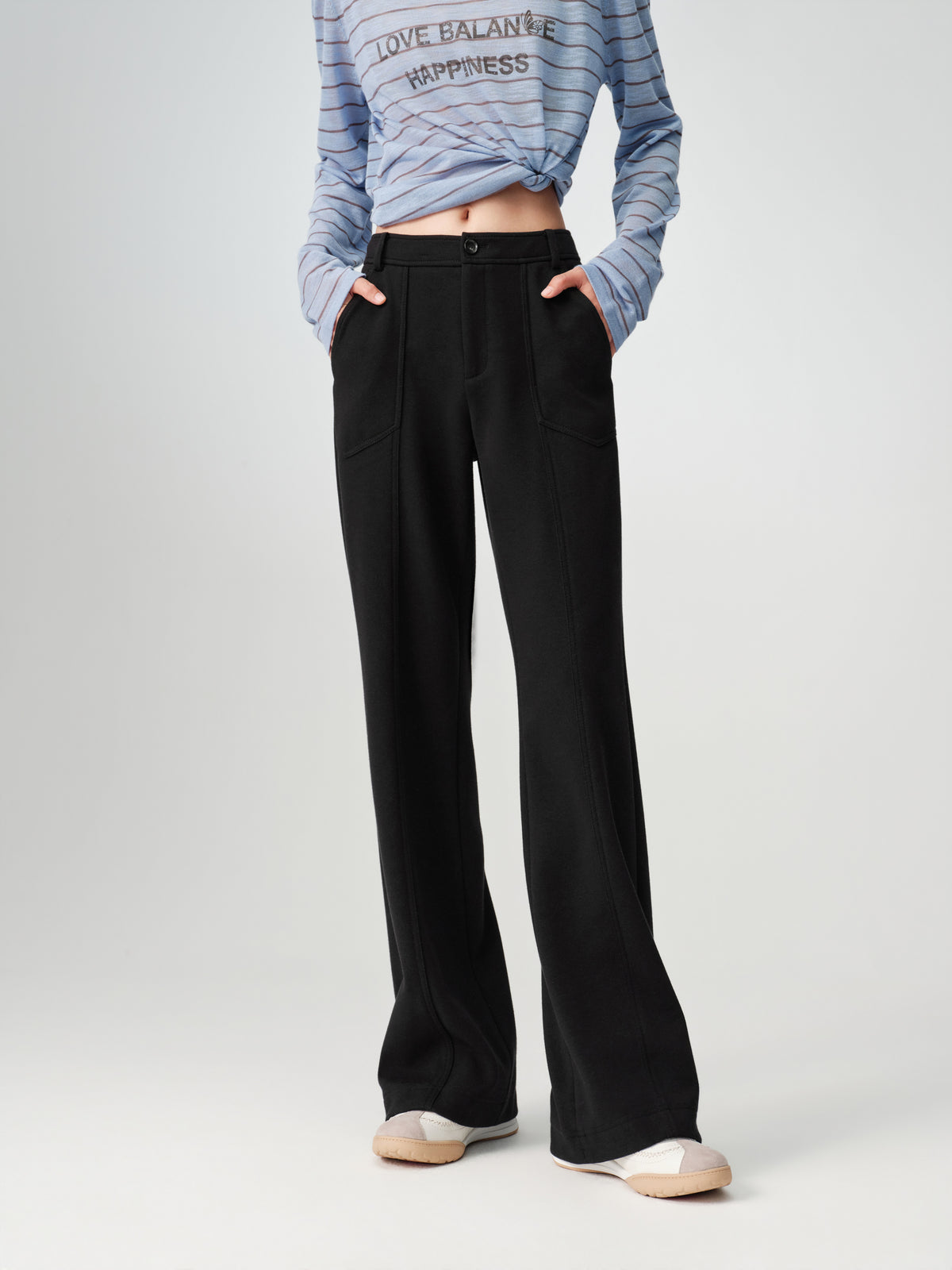EP YAYING High-Waist Slim Wool-Cotton Brushed Black Pants