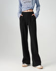 EP YAYING High-Waist Slim Wool-Cotton Brushed Black Pants