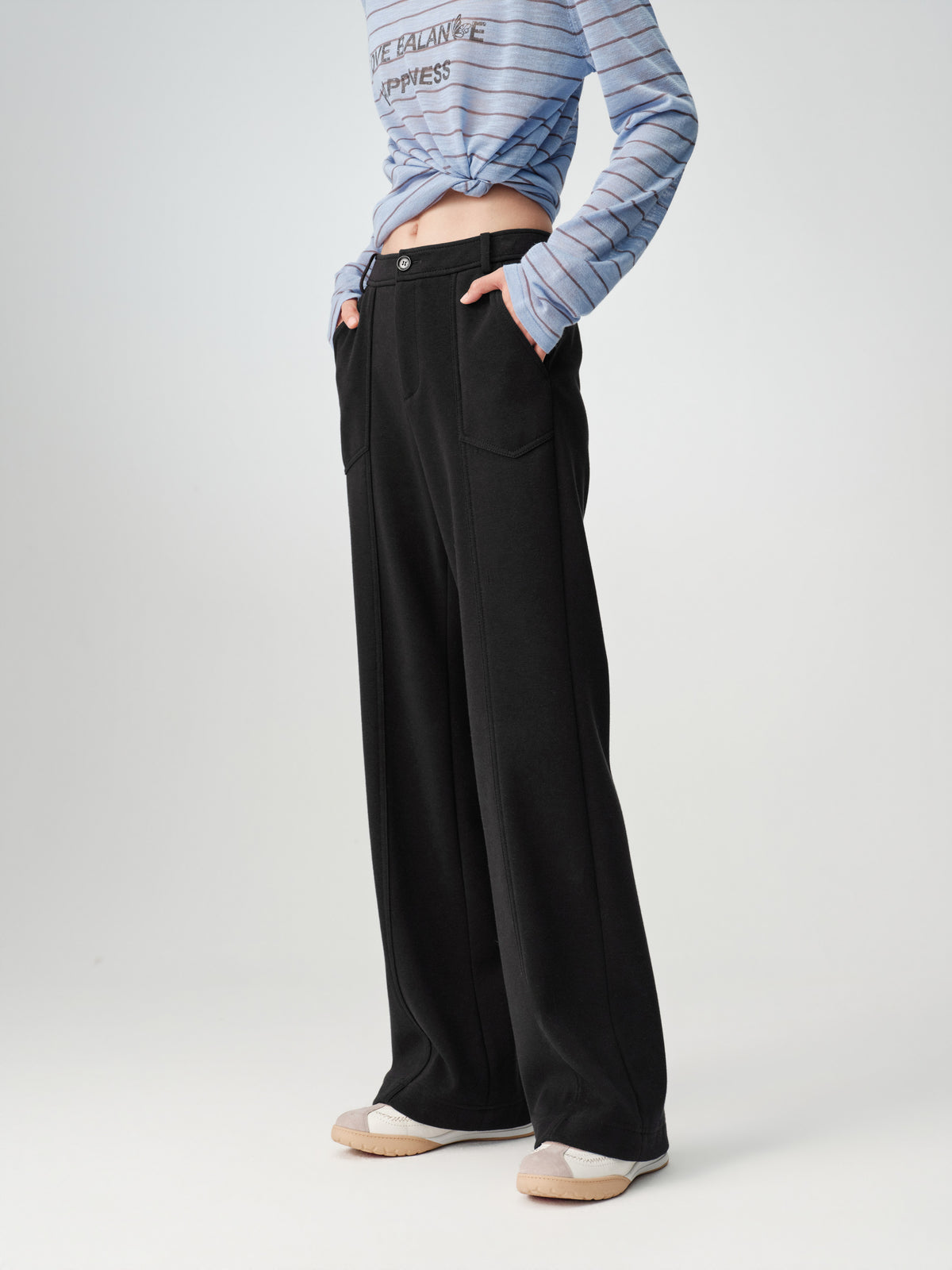 EP YAYING High-Waist Slim Wool-Cotton Brushed Black Pants