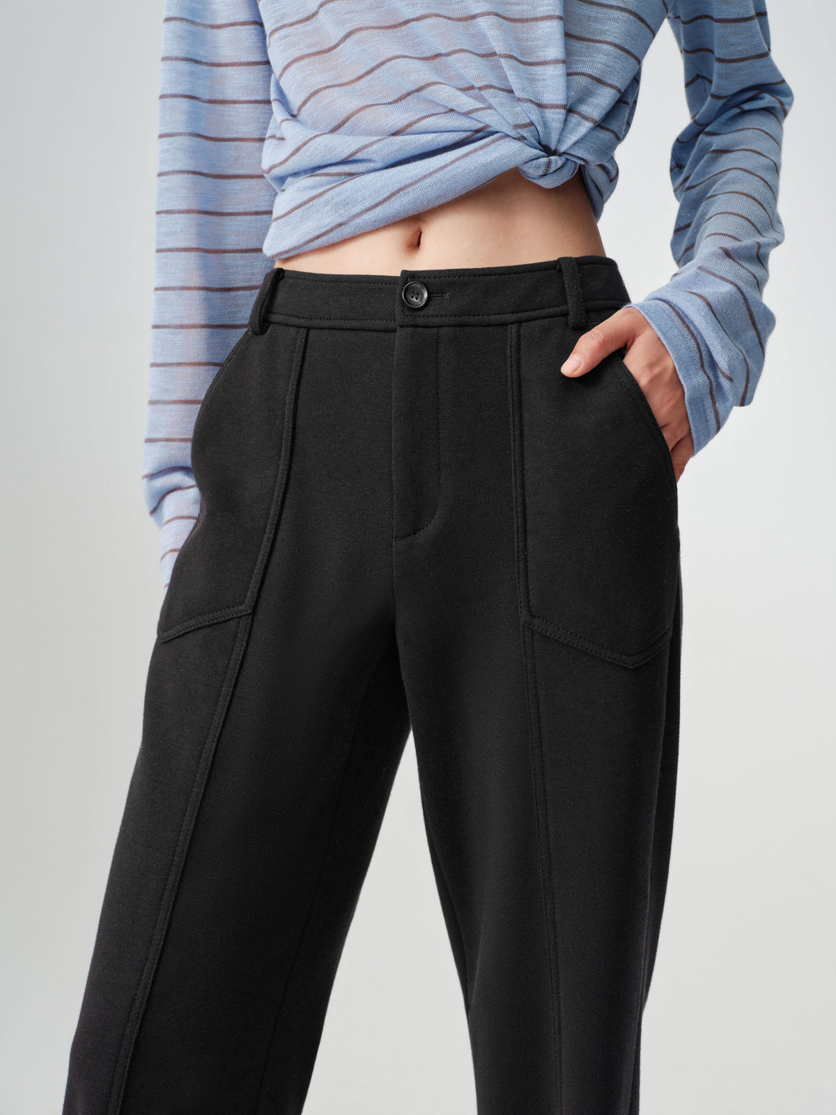 EP YAYING High-Waist Slim Wool-Cotton Brushed Black Pants