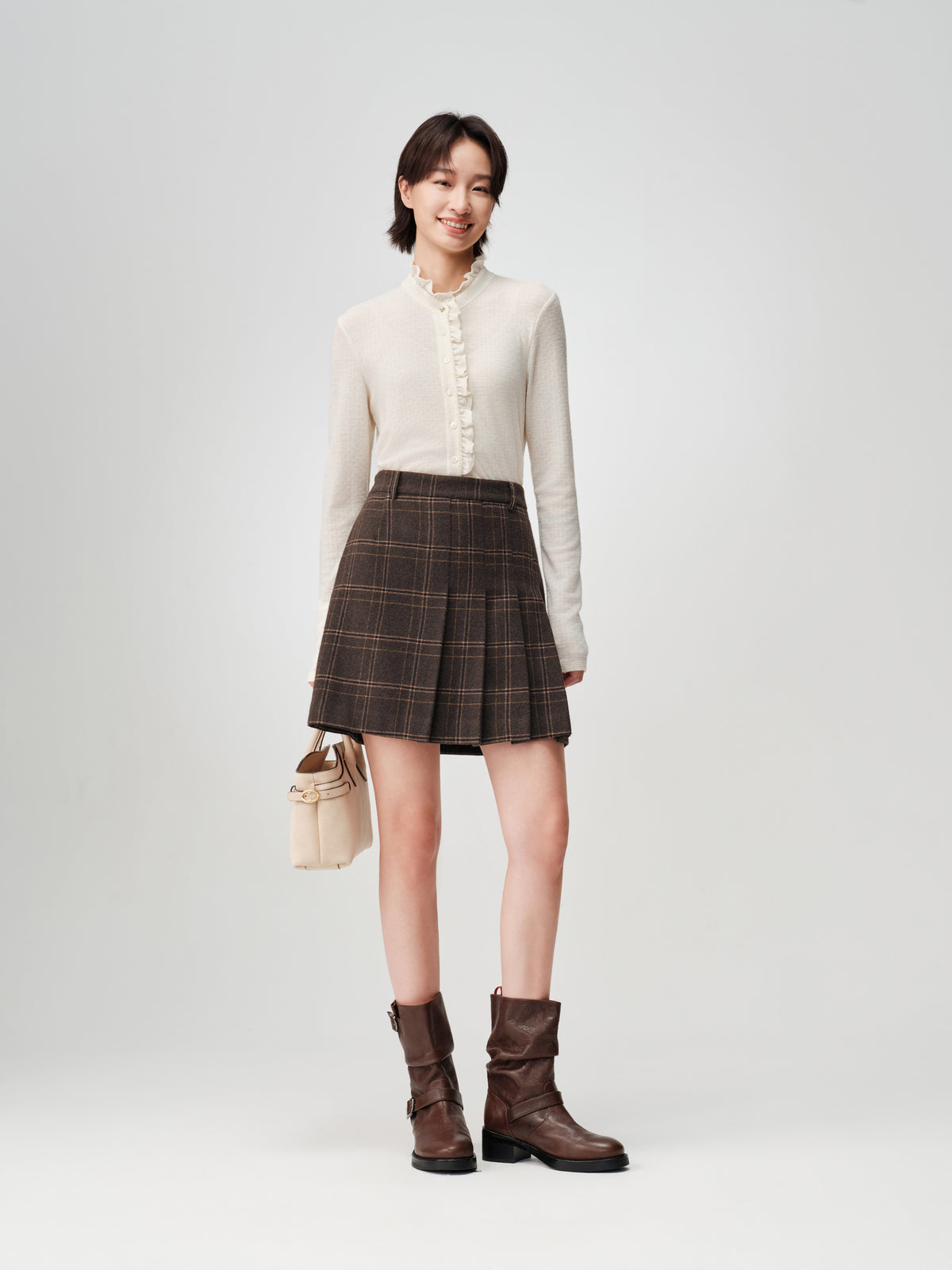 EP YAYING Wool A-Line Brown Plaid Tweed Mini Skirt