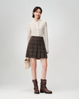 EP YAYING Wool A-Line Brown Plaid Tweed Mini Skirt
