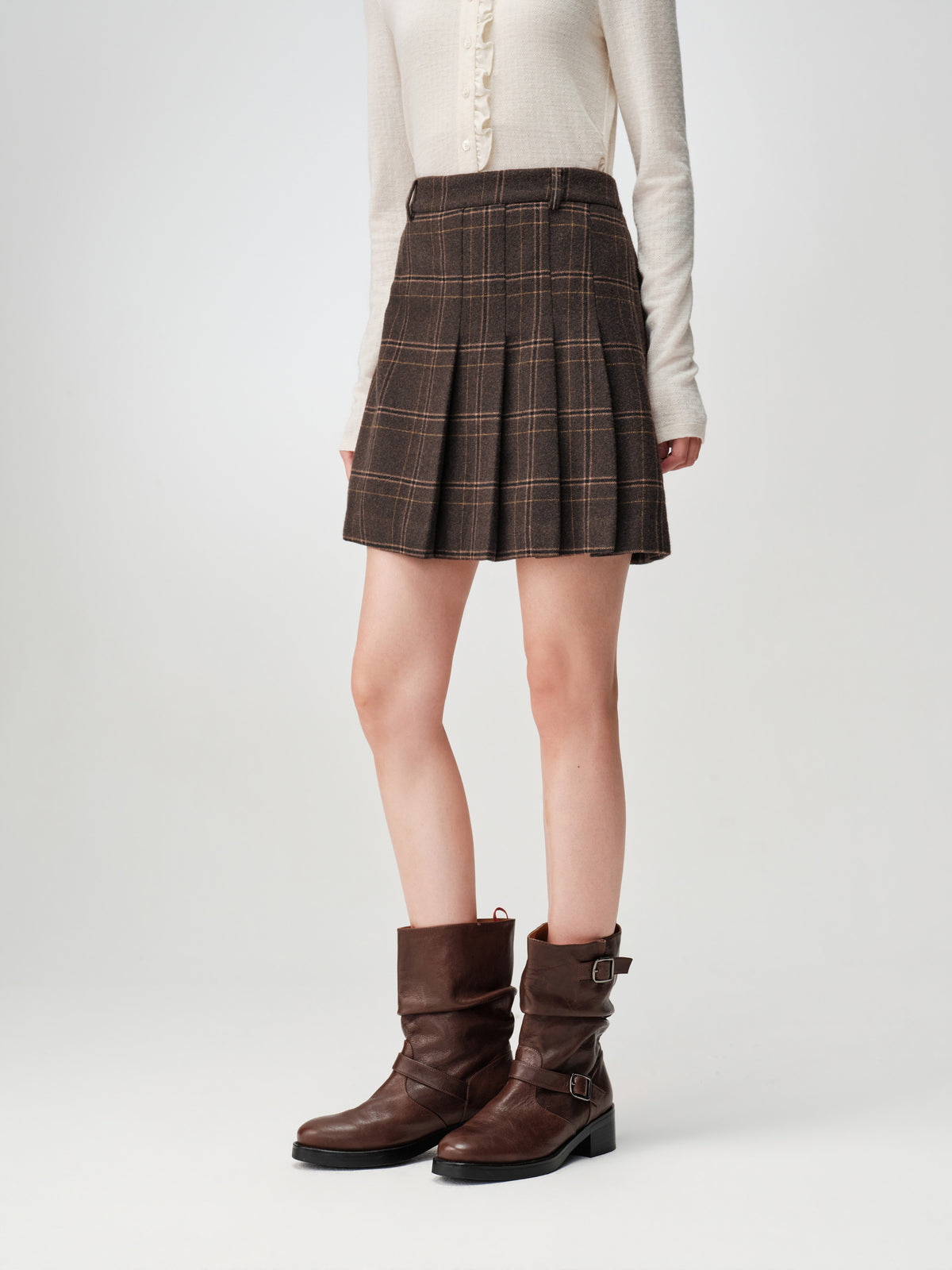 EP YAYING Wool A-Line Brown Plaid Tweed Mini Skirt