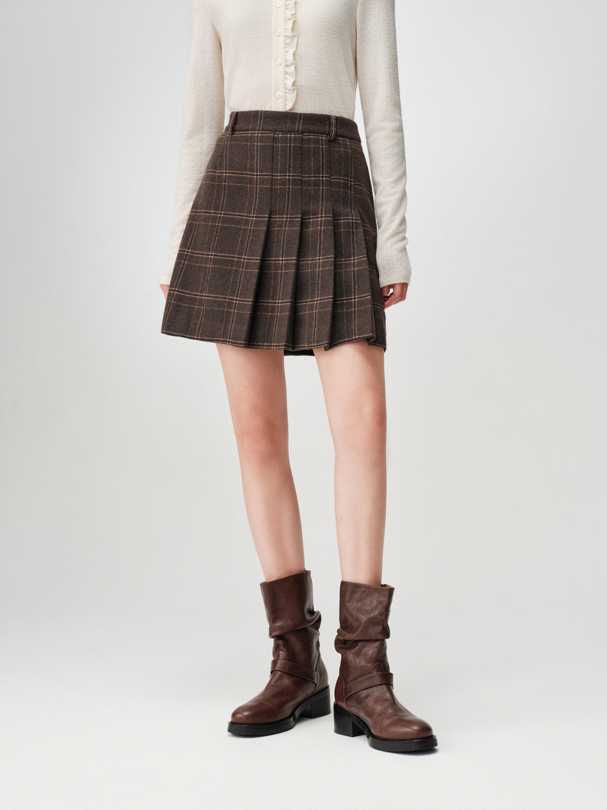EP YAYING Wool A-Line Brown Plaid Tweed Mini Skirt