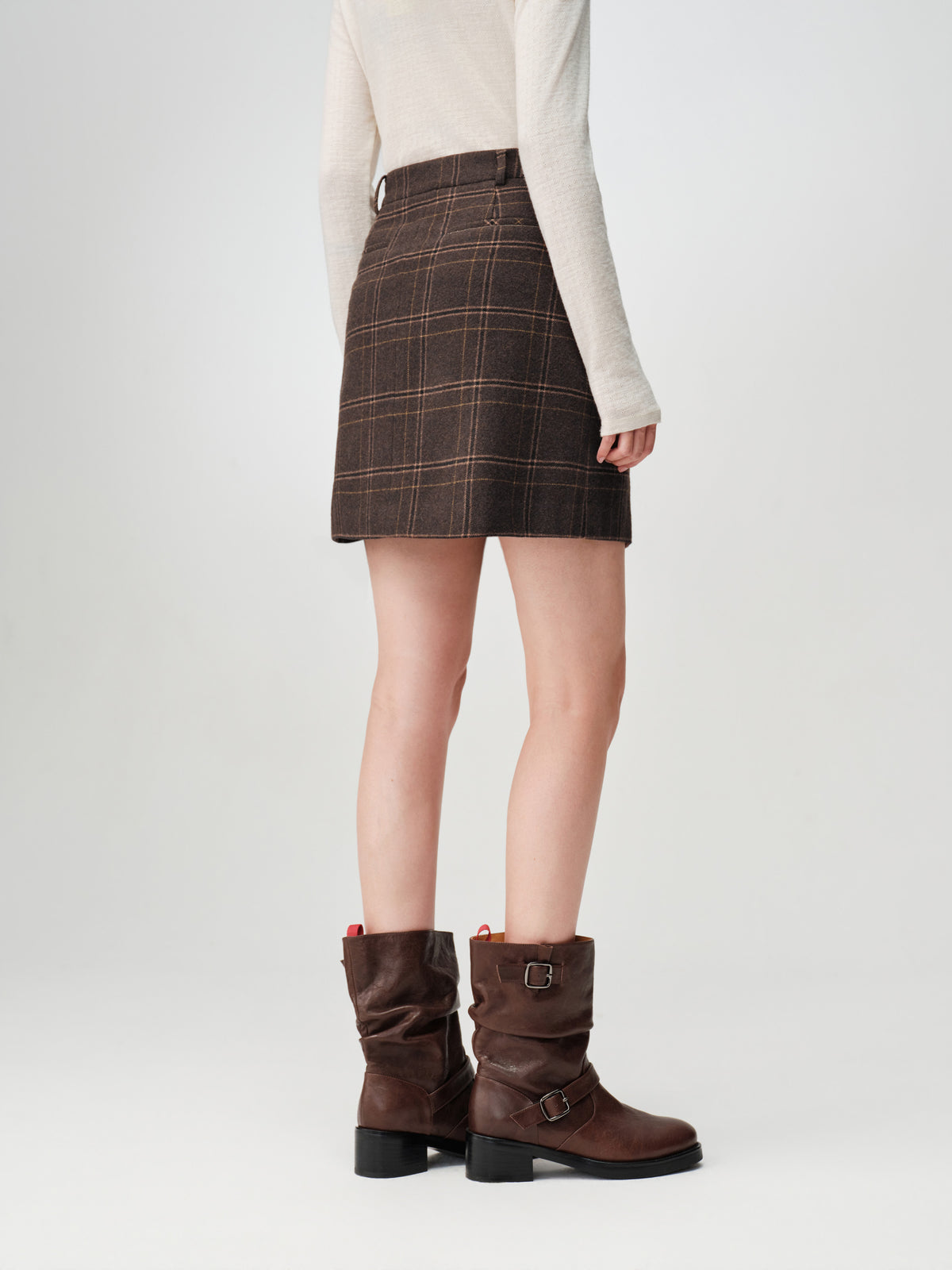 EP YAYING Wool A-Line Brown Plaid Tweed Mini Skirt