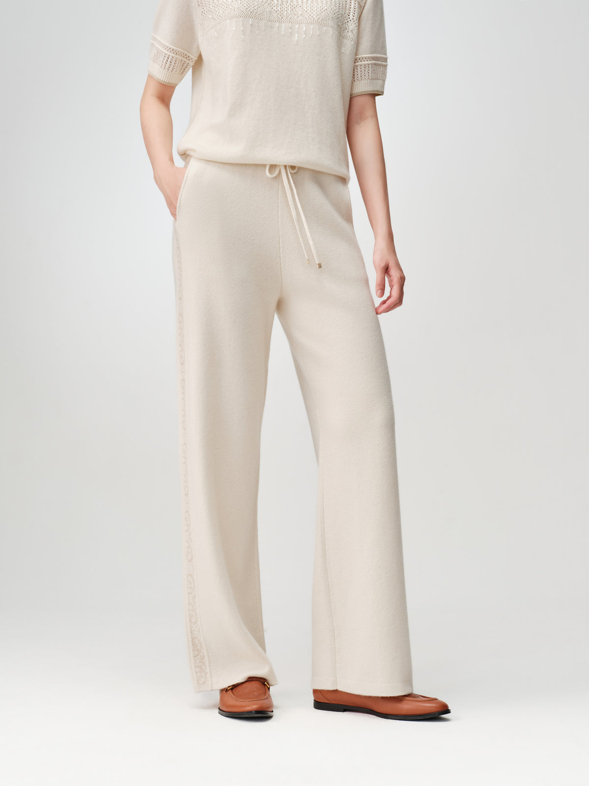 EP YAYING 100% Cashmere Relaxed Wide-Leg Knit Pants