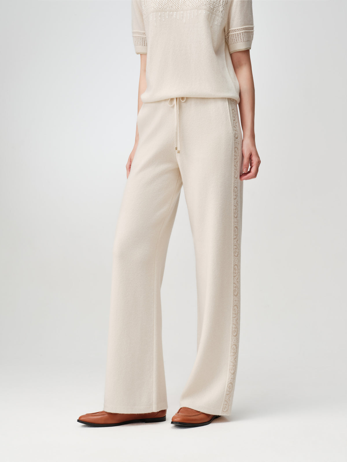 EP YAYING 100% Cashmere Relaxed Wide-Leg Knit Pants
