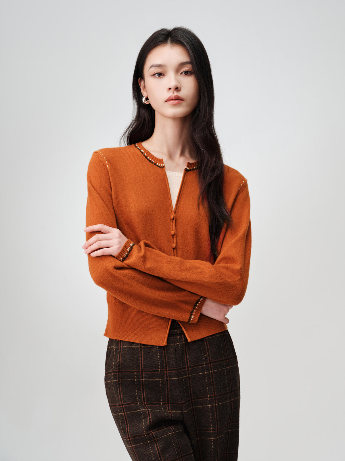 EP YAYING Faux Two-Piece Wool-Cashmere Color-Block Knit Top