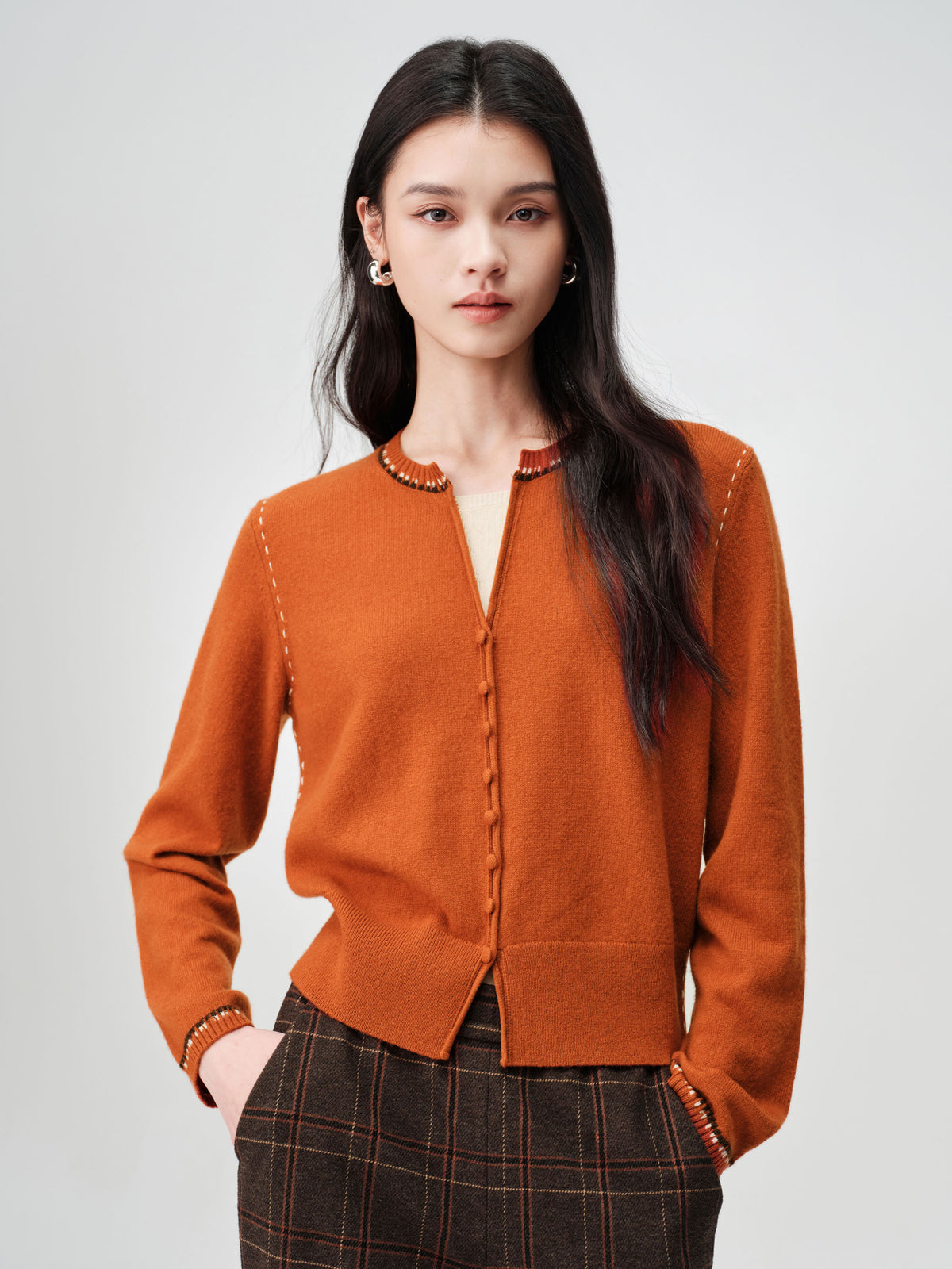 EP YAYING Faux Two-Piece Wool-Cashmere Color-Block Knit Top