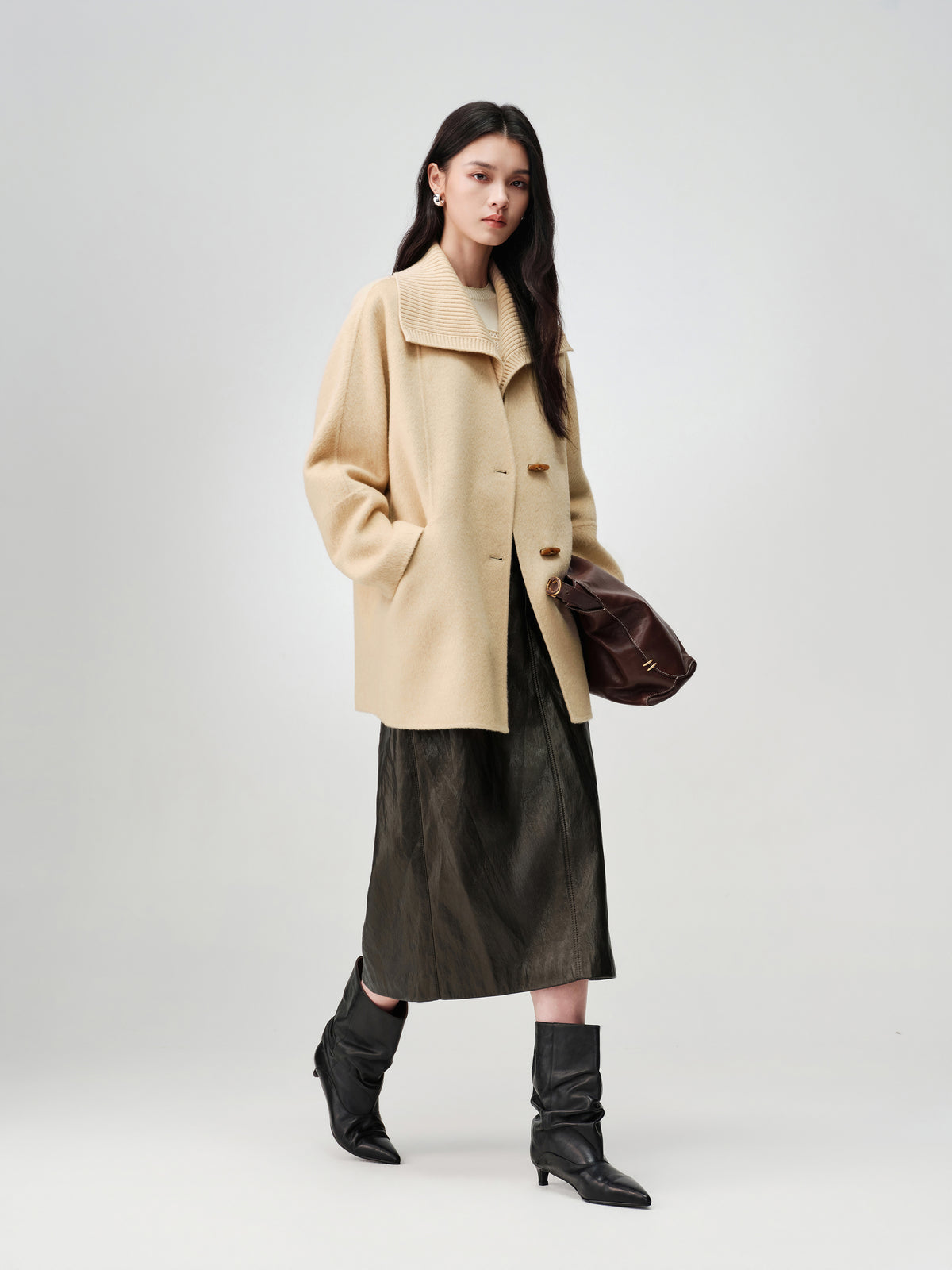 EP YAYING Camel Wool Old-Money Relaxed Mid-Length Coat