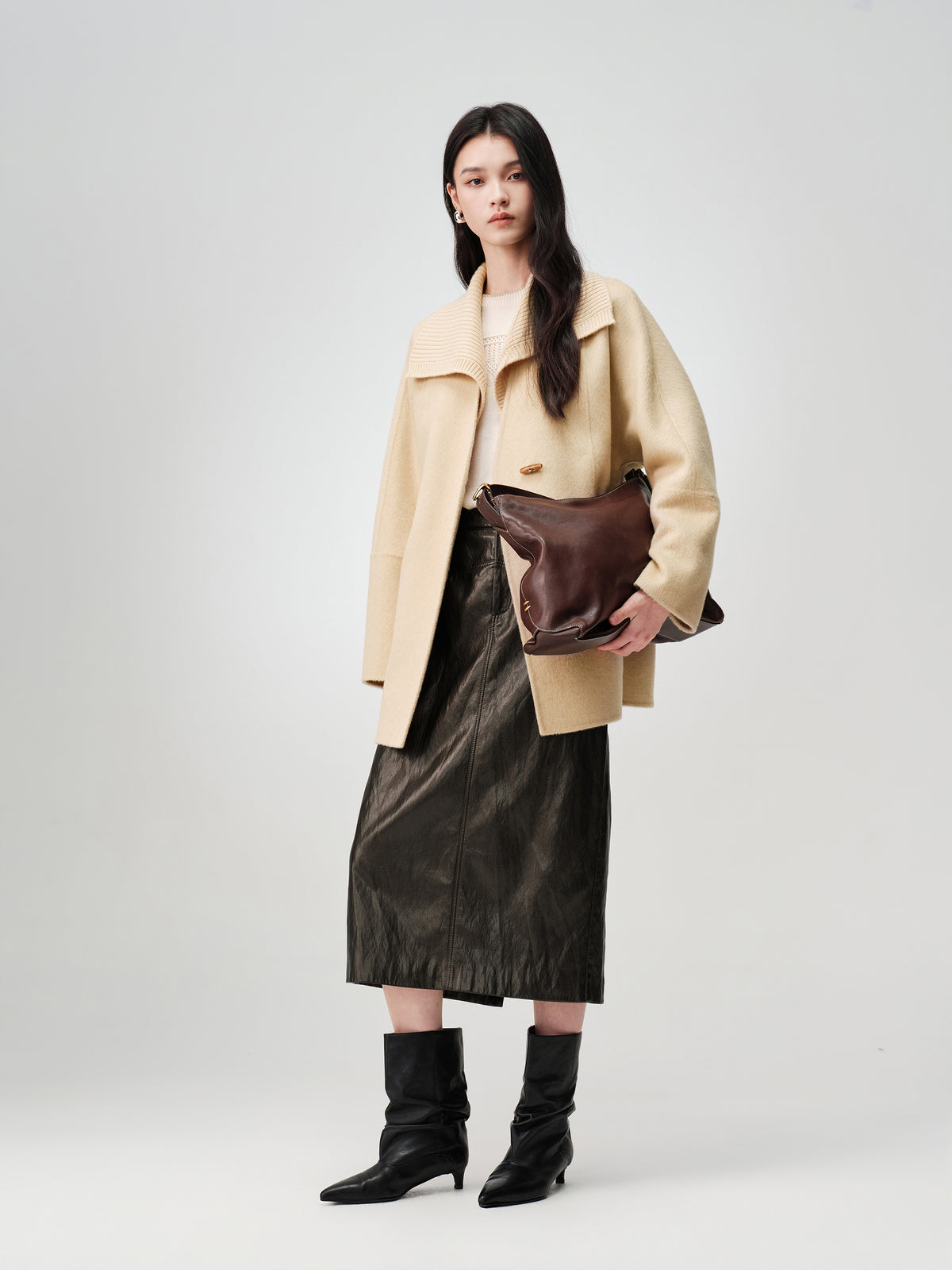 EP YAYING Camel Wool Old-Money Relaxed Mid-Length Coat