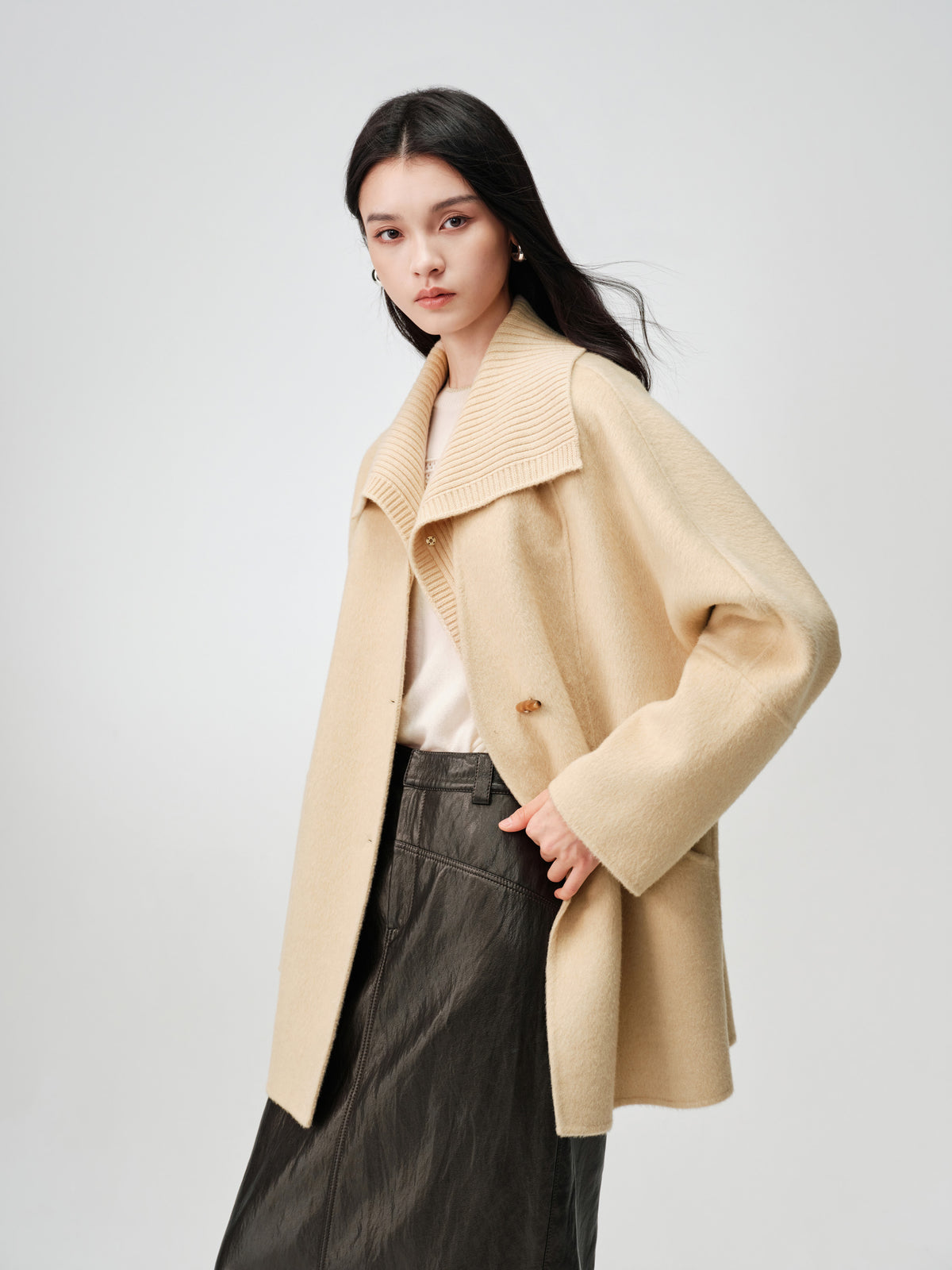 EP YAYING Camel Wool Old-Money Relaxed Mid-Length Coat