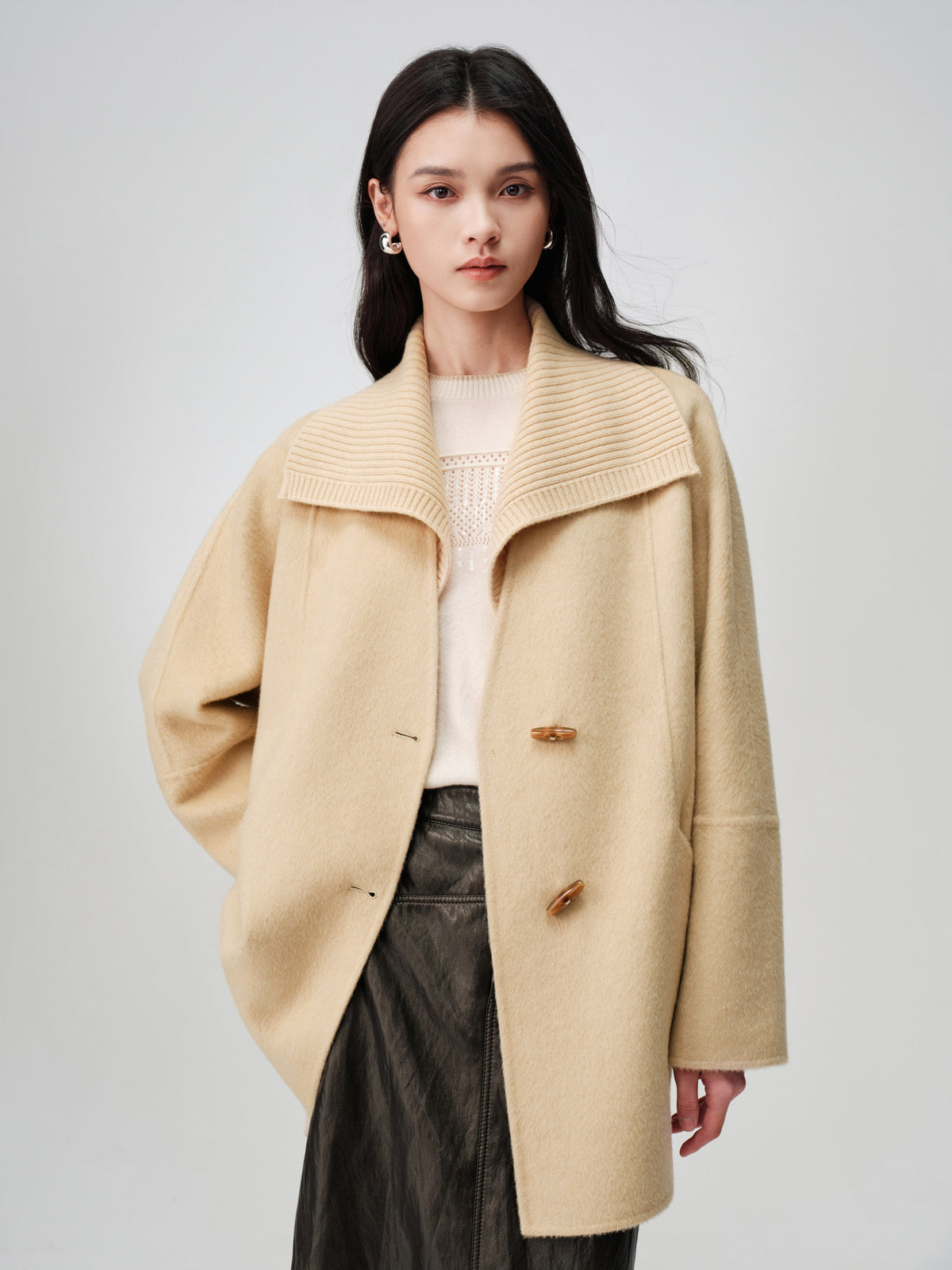 EP YAYING Camel Wool Old-Money Relaxed Mid-Length Coat