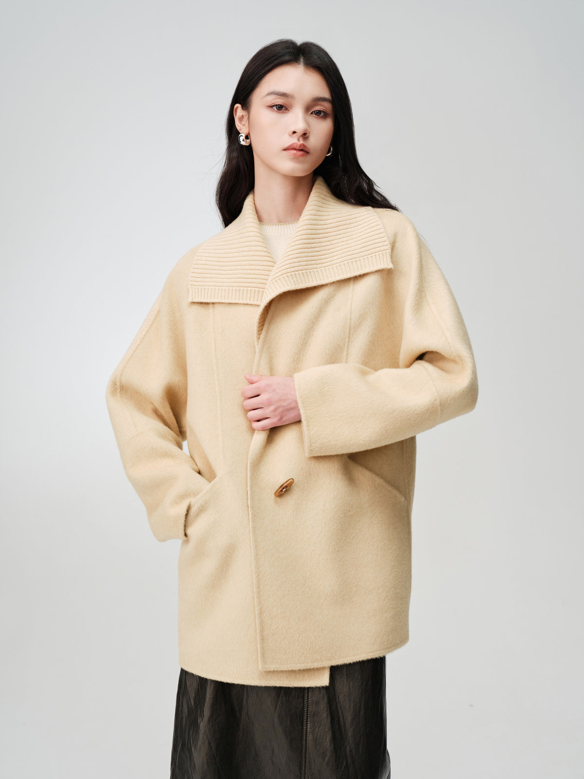 EP YAYING Camel Wool Old-Money Relaxed Mid-Length Coat