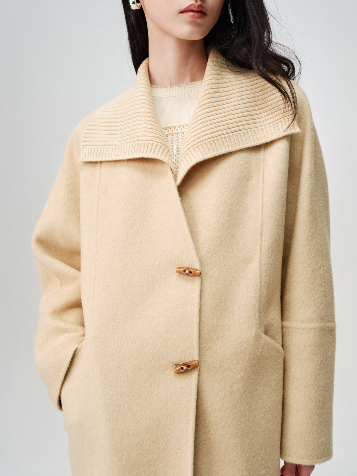 EP YAYING Camel Wool Old-Money Relaxed Mid-Length Coat