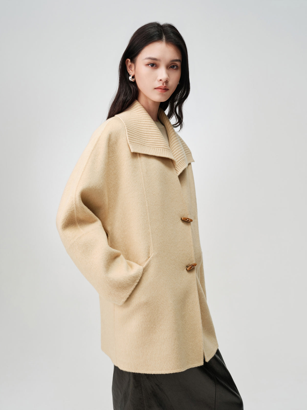 EP YAYING Camel Wool Old-Money Relaxed Mid-Length Coat