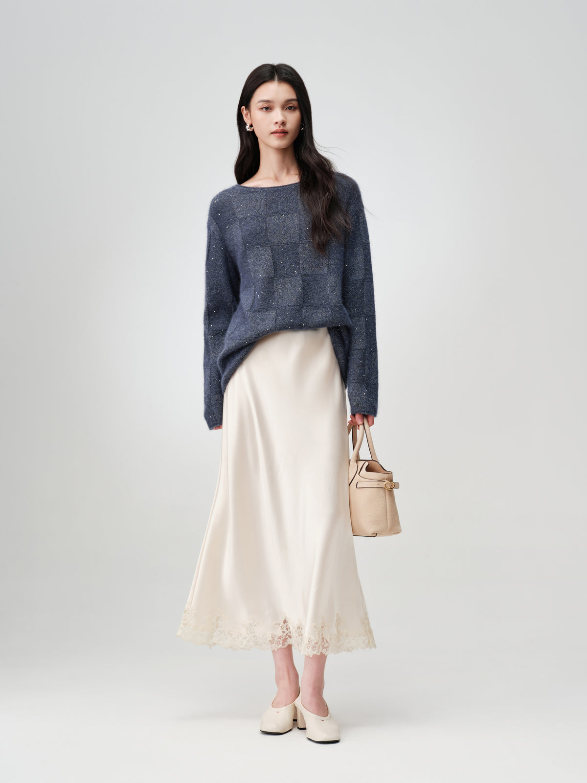 EP YAYING Wool-Cashmere Blend Plaid Knit Sweater