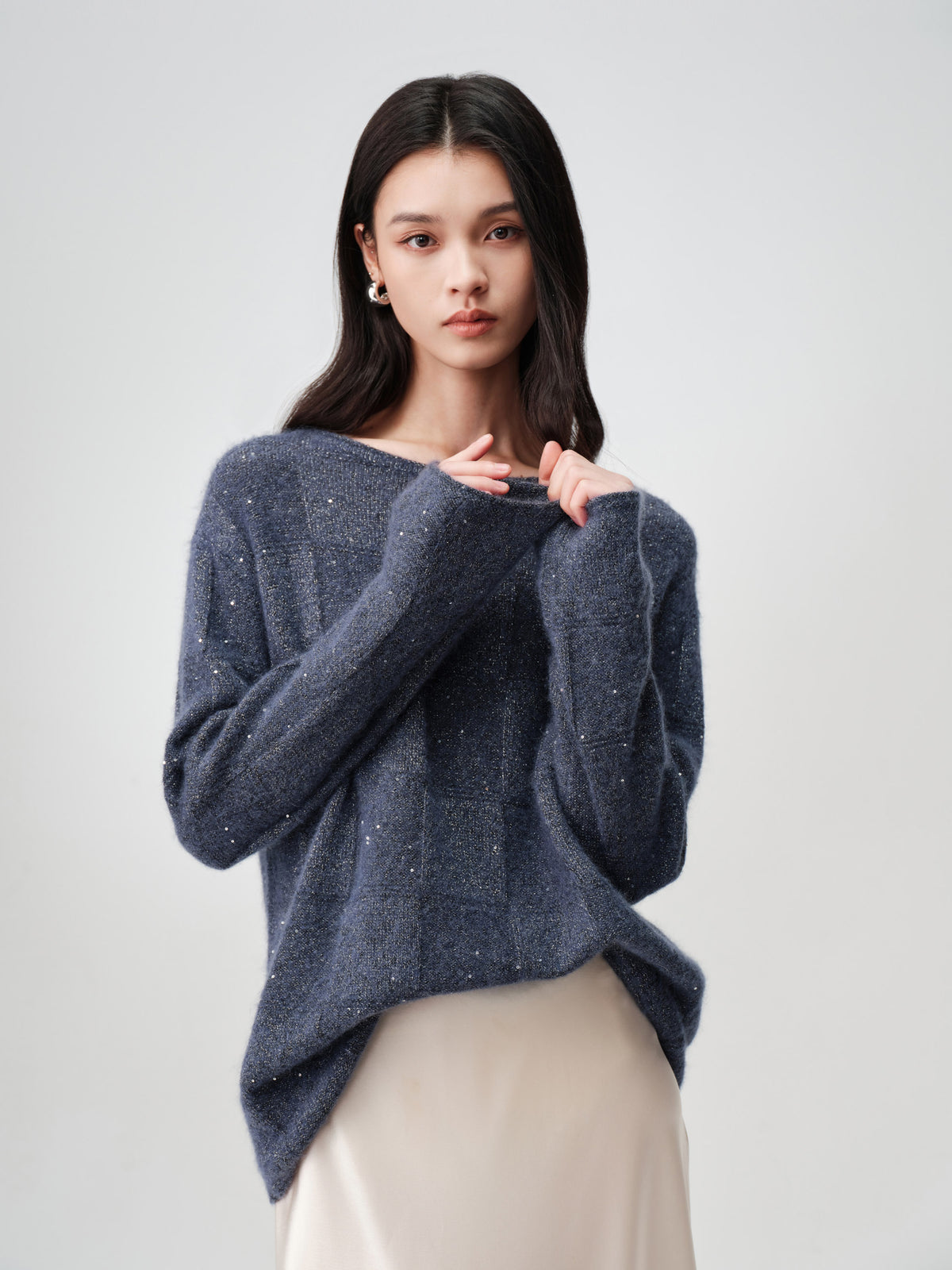 EP YAYING Wool-Cashmere Blend Plaid Knit Sweater