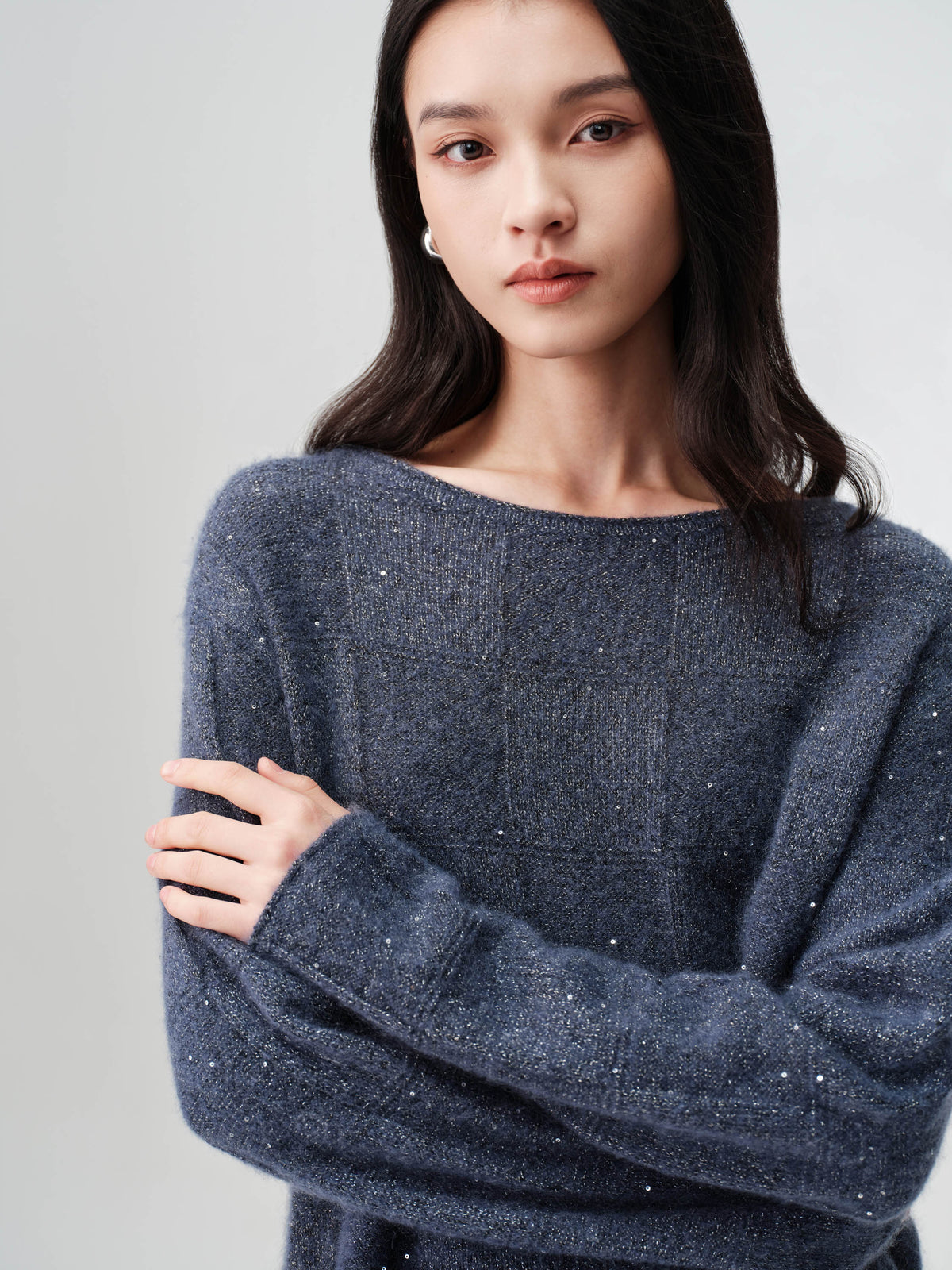 EP YAYING Wool-Cashmere Blend Plaid Knit Sweater