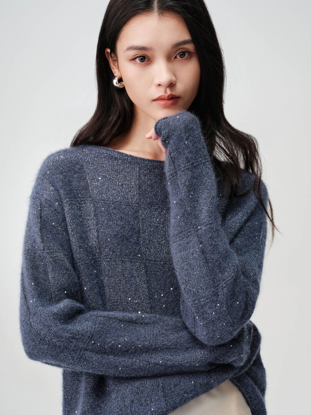 EP YAYING Wool-Cashmere Blend Plaid Knit Sweater