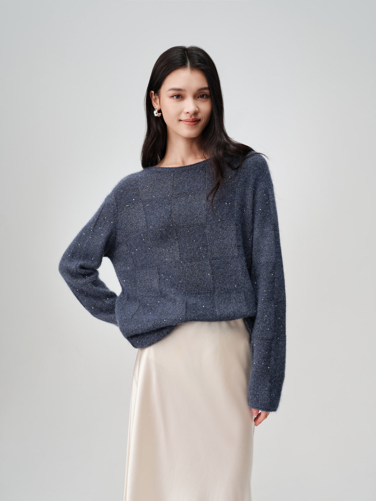 EP YAYING Wool-Cashmere Blend Plaid Knit Sweater