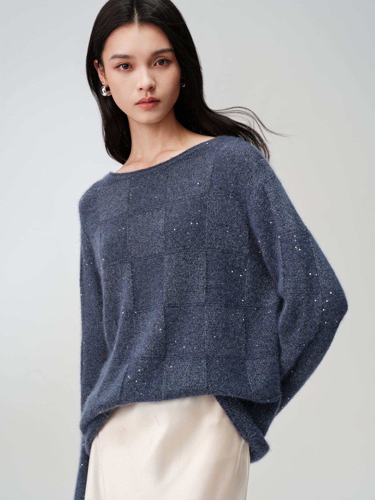 EP YAYING Wool-Cashmere Blend Plaid Knit Sweater