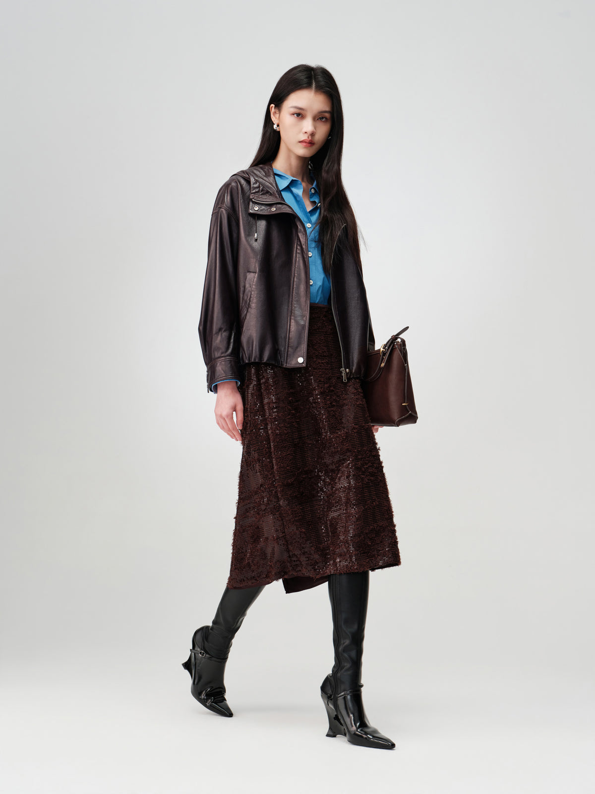 EP YAYING Glossy Sheepskin Hooded Jacket