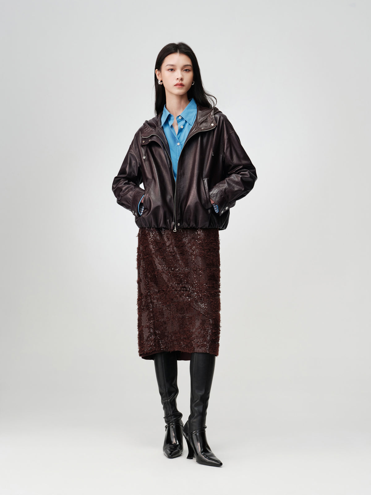 EP YAYING Glossy Sheepskin Hooded Jacket