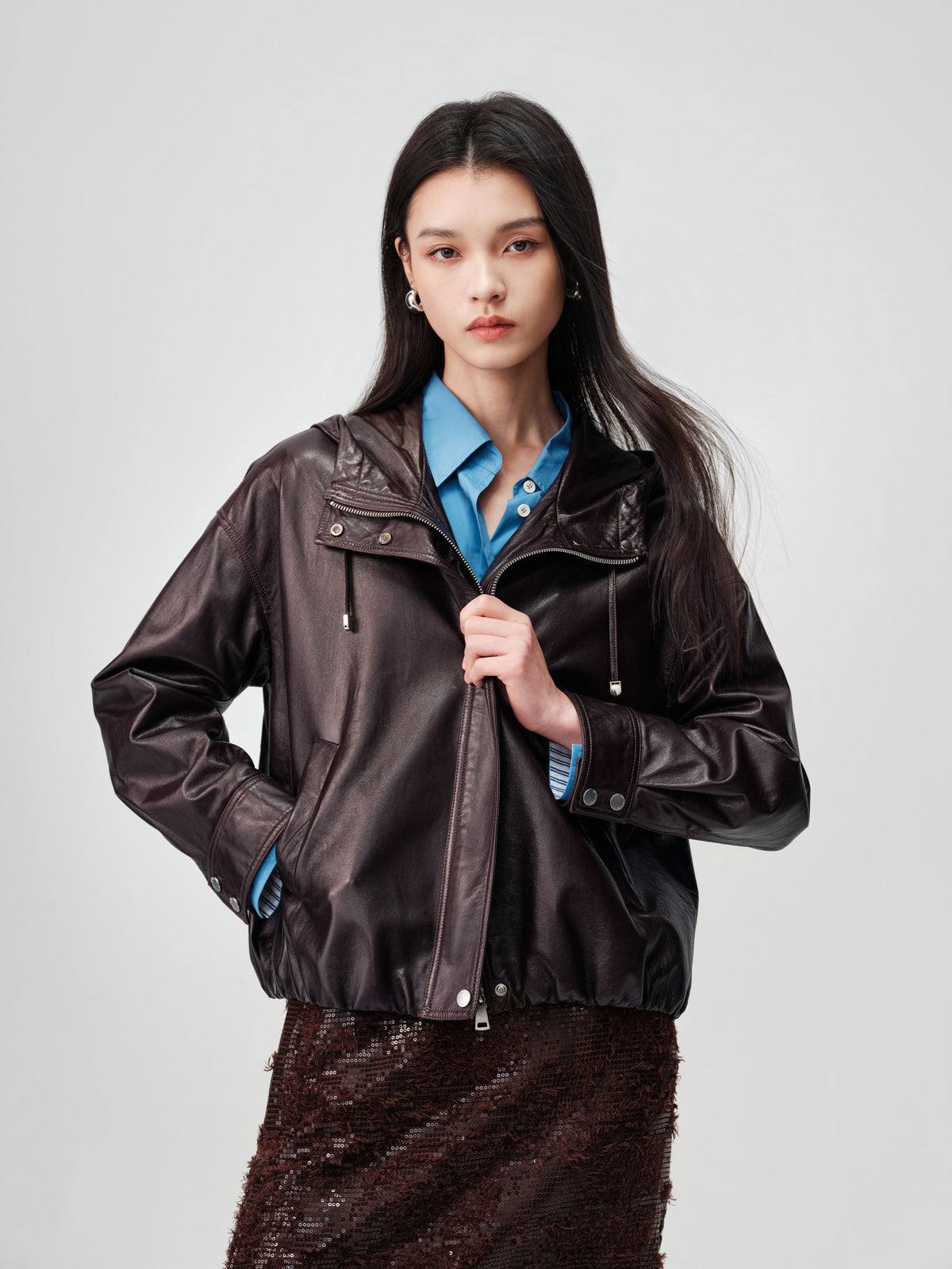 EP YAYING Glossy Sheepskin Hooded Jacket
