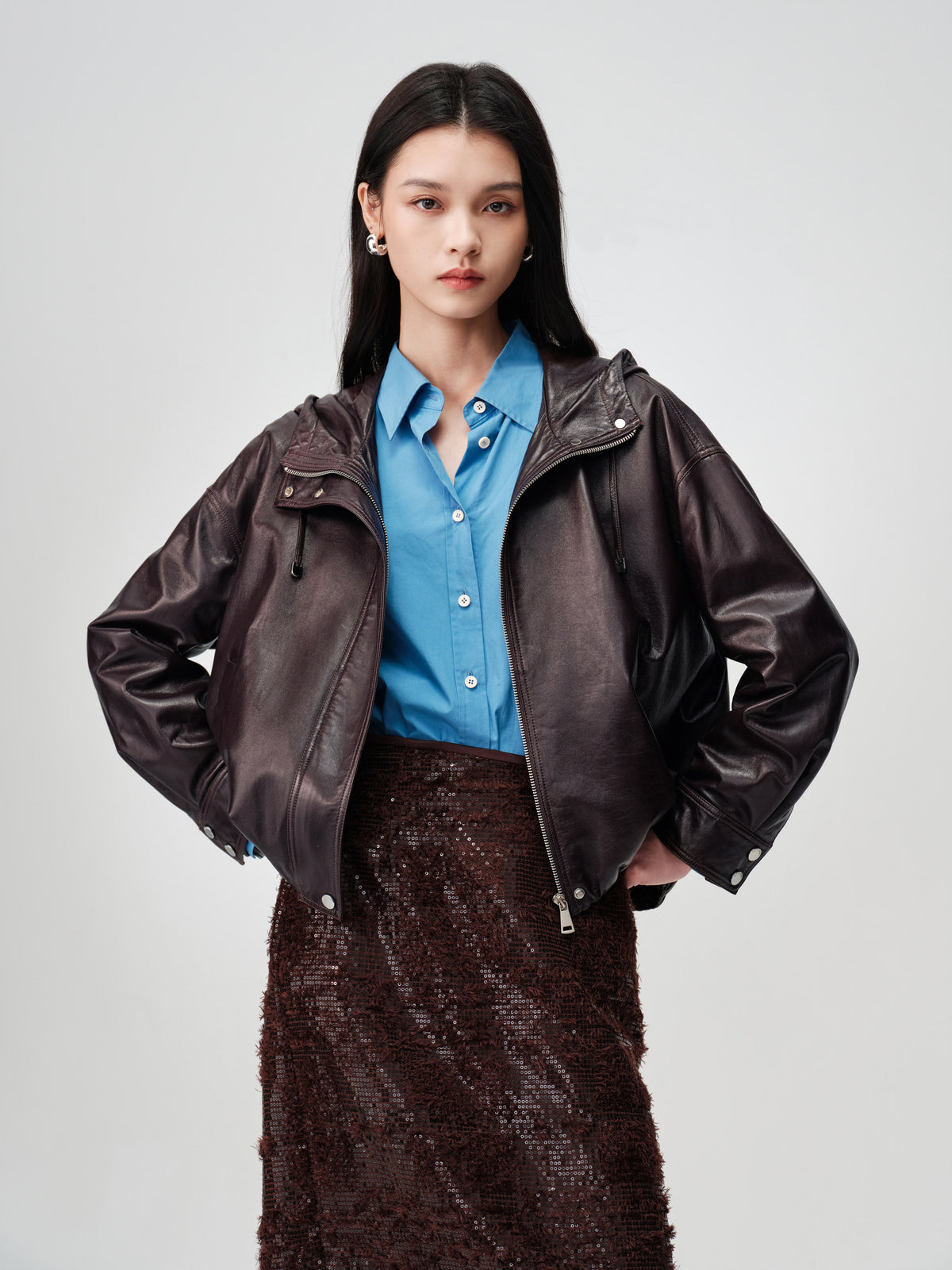 EP YAYING Glossy Sheepskin Hooded Jacket