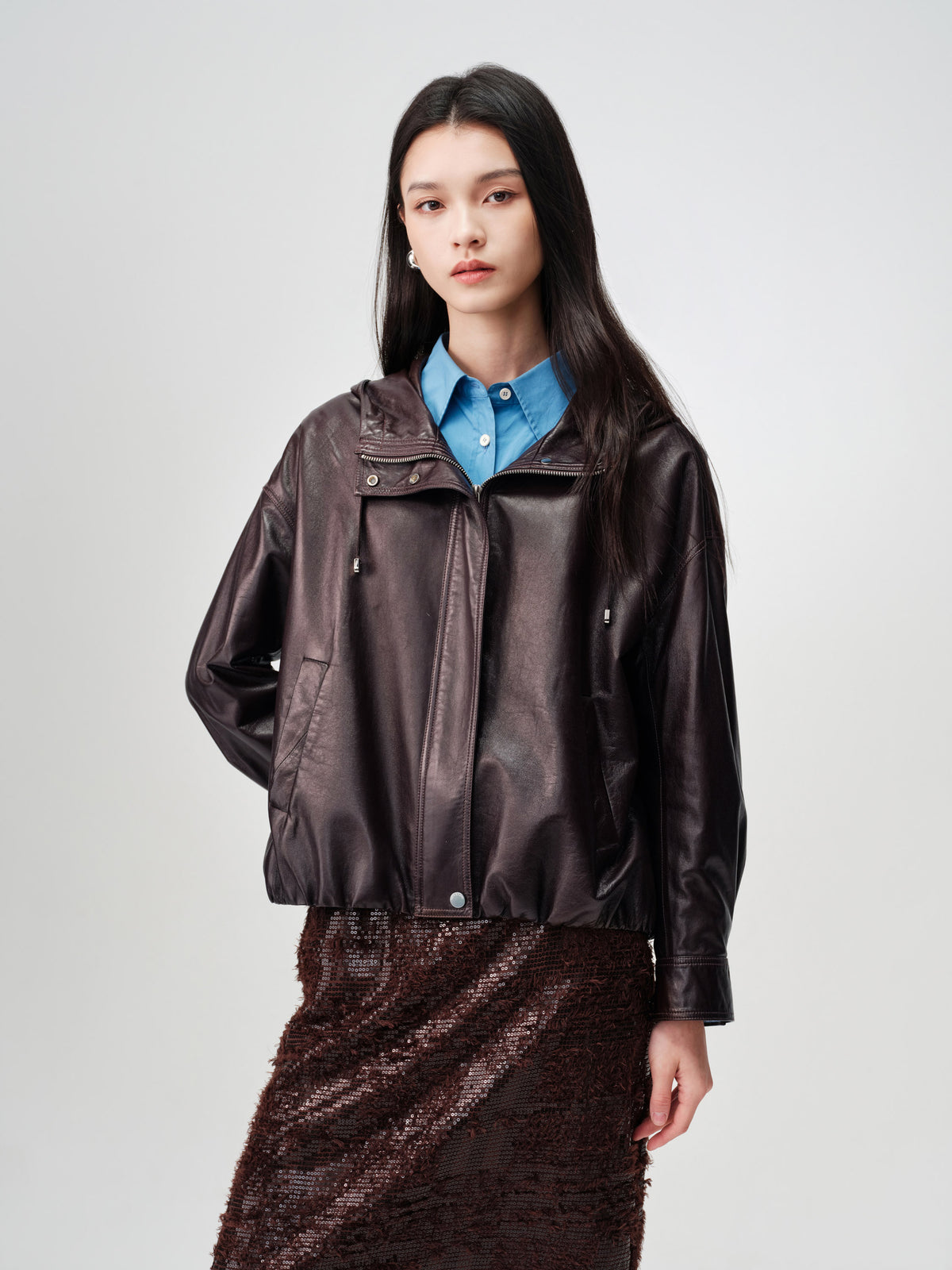 EP YAYING Glossy Sheepskin Hooded Jacket
