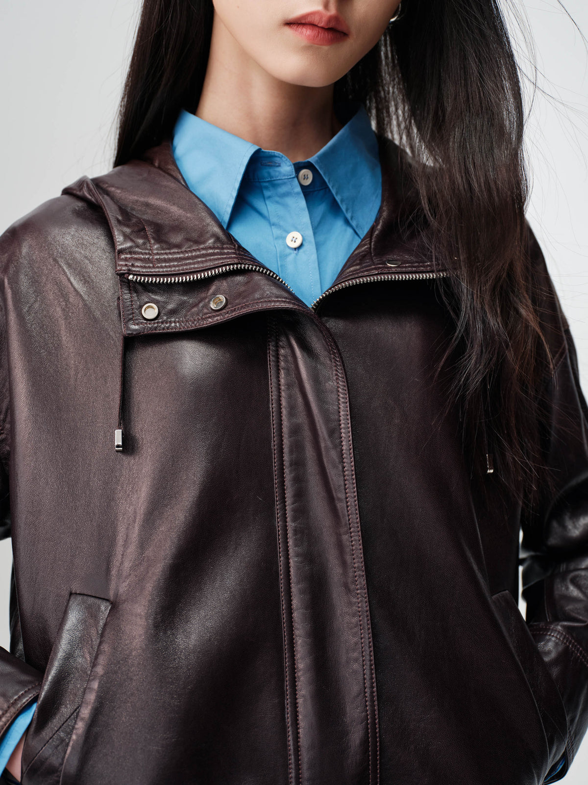 EP YAYING Glossy Sheepskin Hooded Jacket