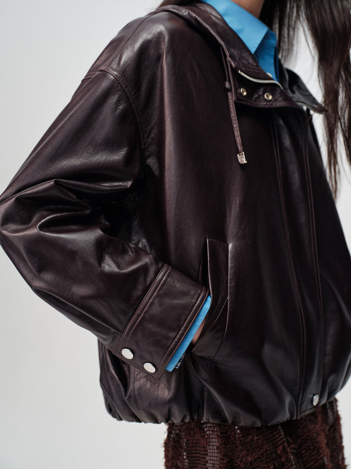 EP YAYING Glossy Sheepskin Hooded Jacket